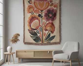 Scandinavian Folk Flower Woven Throw | Nordic Hygge Art Tapestry | Mid Century Modern Floral Blanket