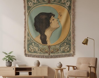 Woman Kissing Moon 1920 Art Nouveau Blanket - Vintage Celestial Throw - Moon Whimsigoth Retro Tapestry