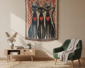 Mid-Century Folk Art Cats Woven Throw | Black Cat Blanket | MCM Cat Lover Gift Tapestry