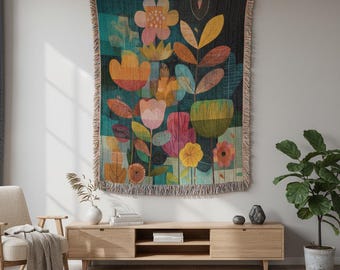 Scandinavian Botanical Woven Blanket | Maximalist Floral Folk Art Throw Blanket | Nordic Wall Hanging