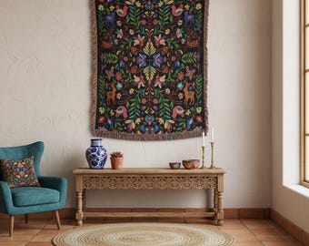Otomi-Inspired Mexican Folk Art Woven Throw Blanket | Maximalist Wall Tapestry | Colorful Floral Animal Decor