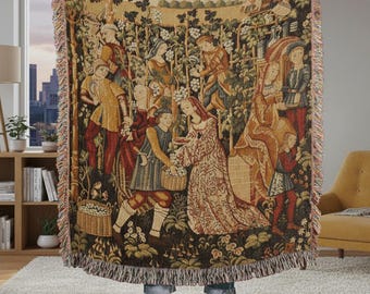 Medieval Grapes Harvest Woven Blanket - French Country Tapestry Throw - 15th Century Mille-Fleurs Decor