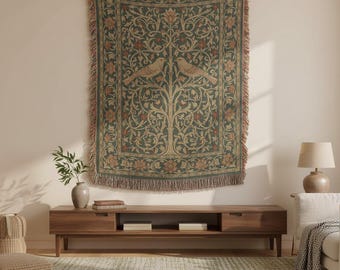 Lovebirds Vintage Woven Blanket - William Morris Style Throw - Anniversary & Wedding Gift - Folk Art Tapestry