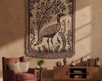 Indian Folk Art Woven Blanket | Kalamkari Style Tapestry | Bird Throw | Boho Ethnic Decor |