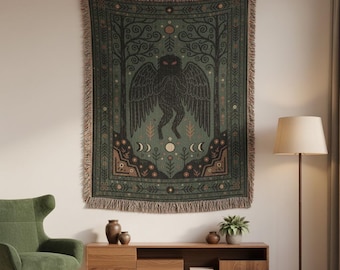 Mothman Cotton Woven Blanket | Cryptid Tapestry Art | Folk Horror Home Decor | Mythical Art