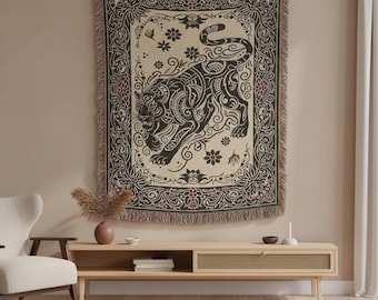 Black Panther Tattoo Woven Blanket | Tribal Folk Art Big Cat Throw | Cotton Jungle Tapestry