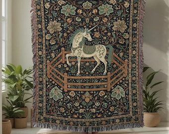 Vintage Medieval Unicorn in Captivity Woven Blanket | Renaissance Tapestry Art Throw | Home Decor Gift
