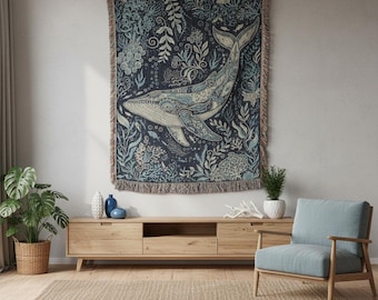 Humpback Whale Woven Blanket | Boho Coastal Decor Tapestry Throw | Ocean-Themed Marine Sea Lover Gifts