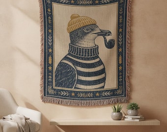 Salty Seagull Sailor Woven Blanket, Nautical Throw, Maritime Coastal Wall Hanging, Quirky Whimsy Home Decor