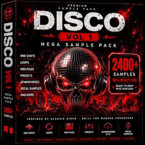 Può includere: Una scatola nera per un pacchetto di campioni premium intitolato DISCO VOL 1. Il design presenta un teschio a forma di palla da discoteca con cuffie, su uno sfondo di città rossa brillante. Il testo include 2400+ SAMPLES, 100% ROYALTY FREE, ed elenca contenuti come one shots, loops, MIDI files, presets, atmospheres e vocal samples.