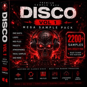 May include: A black box for a premium sample pack titled DISCO VOL 1. The design features a central skull wearing headphones with glowing red eyes, set against a dark city skyline with red lightning effects. Text includes 2200+ SAMPLES.