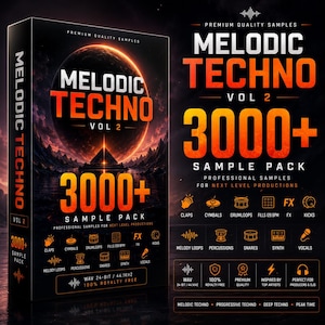 May include: A rectangular box for a Melodic Techno Vol 2 sample pack featuring a dark, cosmic landscape with a glowing orange planet and pyramid. The text reads 3000+ Sample Pack, Professional Samples, and lists categories like Claps, Cymbals, and FX.