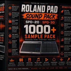May include: A Roland Pad sound pack box featuring 1000+ samples for SPD-20 and SPD-30 devices. The black packaging displays orange text and icons detailing features like high-quality WAV files, royalty-free usage, and compatibility with major DAWs.