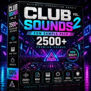 Puede incluir: Una caja rectangular para el paquete de muestras EDM Club Sounds Vol. 2, con fondo negro e iluminación de neón azul y rosa. El texto dice Club Sounds Vol. 2, 2500+ Premium Sounds, e incluye iconos para archivos WAV, MIDI y presets.