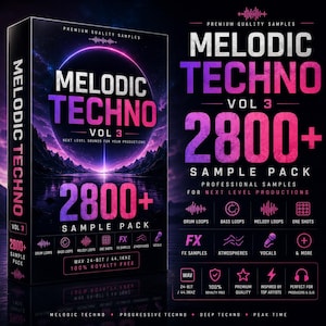May include: A digital product box for Melodic Techno Vol 3, featuring a purple and pink neon circular graphic over a dark landscape. The text reads Melodic Techno Vol 3 2800+ Sample Pack, with icons for drum loops, bass loops, melody loops, and FX samples.