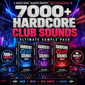 May include: A digital music production product titled 7000+ Hardcore Club Sounds Ultimate Sample Pack. The graphic features three boxes labeled Vol. 1, Vol. 2, and Vol. 3 in blue, purple, and red, set against a concert stage with audio equipment.