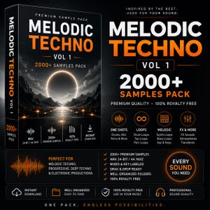 Może przedstawiać: Cyfrowe pudełko produktu z pakietem sampli Melodic Techno Vol 1 zawierającym ponad 2000 próbek. Czarno-pomarańczowy projekt zawiera tekst, w tym WAV 24-bit 44.1kHz, 100% royalty free, one shoty, pętle i efekty. Wymieniono funkcje takie jak gotowość do przeciągania i upuszczania, oznaczenie tonacji oraz natychmiastowe pobieranie.