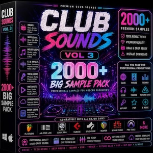 Puede incluir: Una caja negra para un paquete de muestras de audio digital titulado Club Sounds Vol 3. El frente presenta texto en neón rosa y azul, un gráfico de un mezclador de DJ y enumera más de 2000 muestras, estado libre de regalías y compatibilidad.