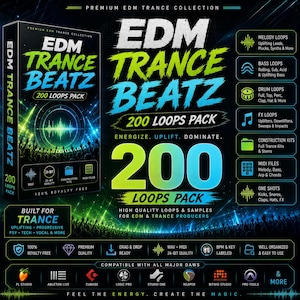 May include: A digital audio product titled EDM Trance Beatz 200 Loops Pack, featuring a black box with neon green and blue text, graphics of a crowd, and icons representing melody, bass, drum, and FX loops, MIDI files, and construction kits.