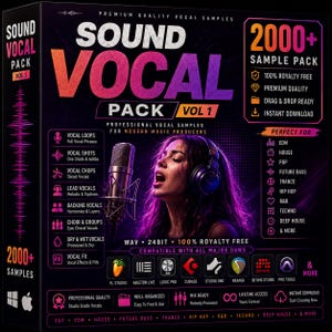 Puede incluir: Una caja negra para un paquete de muestras vocales con el texto Sound Vocal Pack Vol 1, 2000+ Sample Pack y 100% Royalty Free. El diseño incluye un micrófono, una persona con auriculares e iconos de varios programas de producción musical.