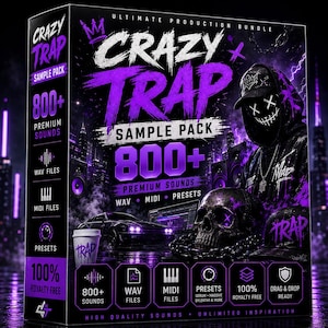 Op de afbeelding: Een rechthoekige doos voor het Crazy Trap samplepakket met paarse en zwarte graphics. Het ontwerp bevat een gemaskerd figuur, een schedel, een auto en tekst met 800+ premium geluiden, WAV-bestanden, MIDI-bestanden en presets. De doos is 100% royaltyvrij.