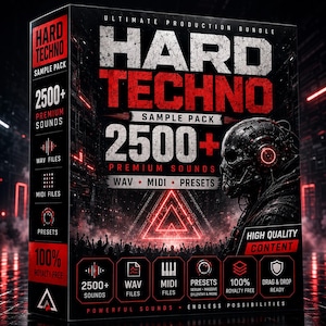 May include: A rectangular box for a Hard Techno sample pack featuring a dark, industrial aesthetic with red accents. The cover displays the text Hard Techno, 2500+ Premium Sounds, WAV, MIDI, Presets, and 100% Royalty Free, alongside a robotic figure.