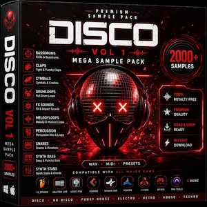 Può includere: Una scatola nera per un pacchetto di campioni Disco Vol 1 con una grafica centrale di una testa a sfera da discoteca che indossa cuffie con occhi a X rossi luminosi. Il testo include 2000+ campioni, royalty free e vari software.