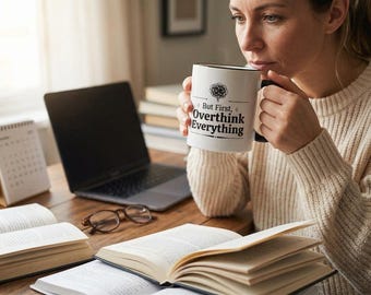 Funny Overthinking Mug, Anxiety Humor Coffee Cup, Mental Health Relatable Gift