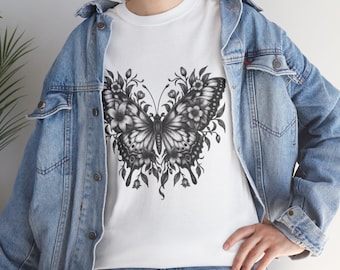 Gothic Butterfly Tattoo Art T-Shirt, Botanical Floral Nature Graphic Tee