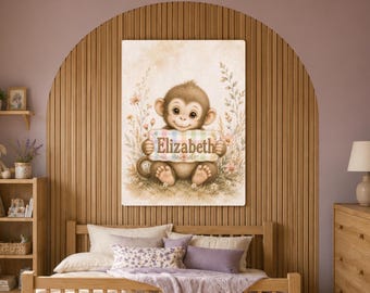 Personalized Monkey Nursery Wall Art, Custom Baby Name Print, Floral Watercolor Decor