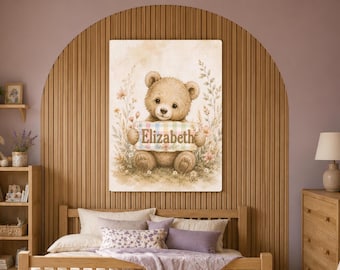 Personalized Watercolor Teddy Bear Nursery Art, Custom Name Canvas, Kids Room Decor