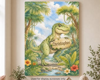 Personalized Watercolor Dinosaur T-Rex Canvas Art, Jungle Nursery Decor (No Frame)