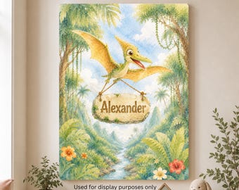 Personalized Pterodactyl Watercolor Canvas Art, Jungle Nursery Decor, Custom Name Wall Art