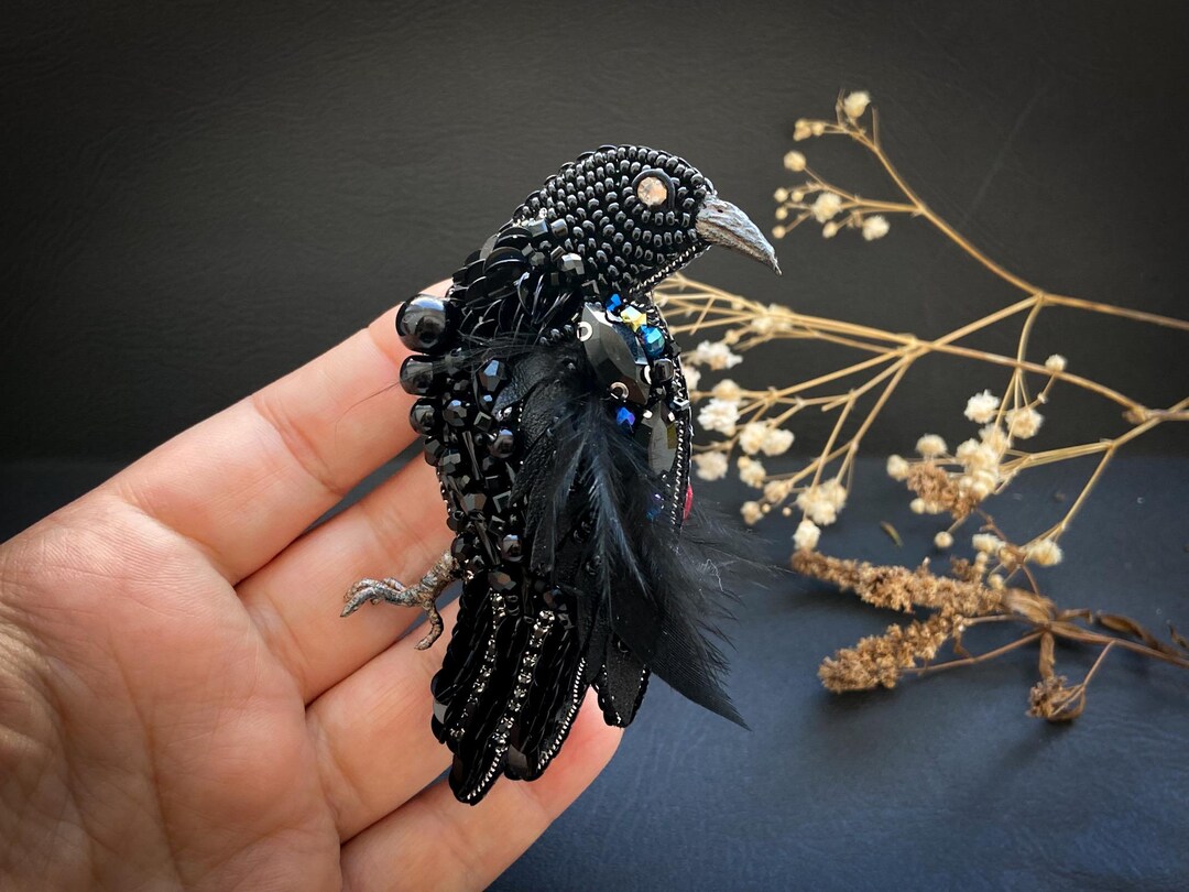 Handmade Beaded Raven Brooch – Crystal Feather Bird Jewelry - Etsy