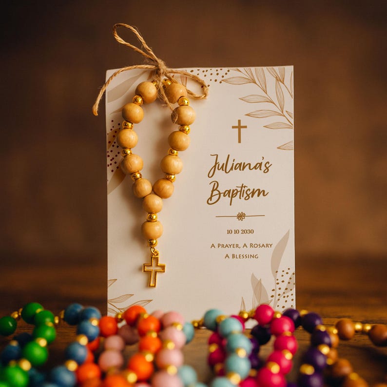 Natural baptism gift card, featuring a natural wooden rosary and gold cross charm, displayed on a soft and warm background. A Catholic baptism and first communion keepsake.
