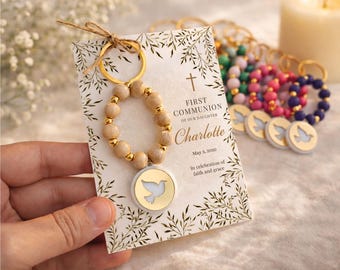 First Communion Favors, Wooden Rosary Keychain : Catholic Christening & Baptism Gifts Bulk - Dove Charm Keepsake - Rosario con paloma