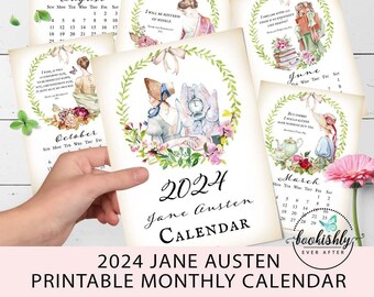 2024 Jane Austen Quotes Monthly Calendar, 5x7 Printable for Desk, Classroom or School, Bookish Literary Calendar, Book Lover or Teacher Gift