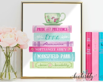 Jane Austen Wall Art, Book Stack Printable Art, Literary Art Print, Pride and Prejudice, Emma, Book Lover Gift, Bookishly Ever After