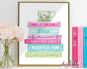 May include: A digital printable art print featuring a stack of books with titles such as "Pride and Prejudice", "Emma", "Persuasion", "Northanger Abbey", "Mansfield Park", and "Sense and Sensibility". A teacup with floral designs sits on top of the stack of books.
