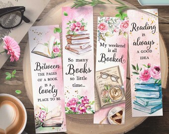 Printable Bookmarks for Women, Feminine Floral Watercolor Bookmarks, Book Lover Quotes, Set of 4 Mother's Day Bookmark, Bookishly Ever After