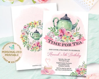 Time for Tea Invitation, Birthday Tea Party, High Tea Invitation, Girl's Birthday Tea, Tea Party Shower, Pink Floral Personalized Printable