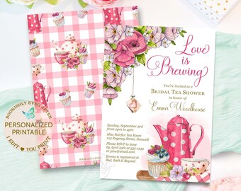 Love is Brewing Tea Party Bridal Shower Invitation, Pink Polkadot Gingham, High Tea Bridal Brunch Floral Invite, Personalized Printable File