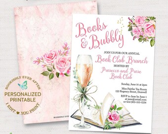 Book Club Invitation, Books and Bubbly Brunch Invitation, Library Invitation, Author Event Invitation, Personalized Printable Digital File