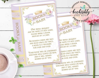 Books for Baby Cards, Storybook Baby Shower Book Request Card, Fairytale Books for Baby Insert, Purple Royal Baby Shower, Instant Download