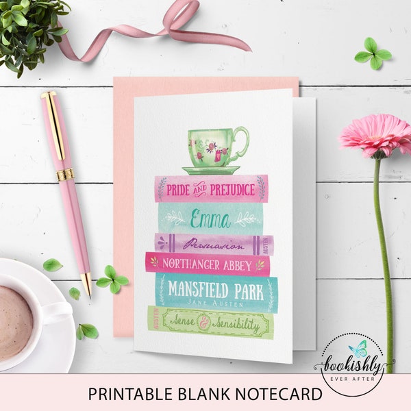 Jane Austen Greeting Card, Book Lover Note Card PRINTABLE, Book Lover Birthday Card for Her, Card for Writer, Author, Librarian Gift