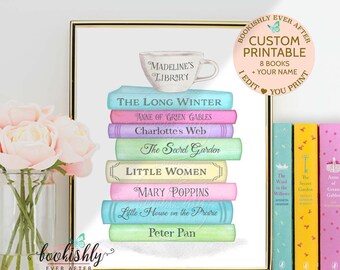 Personalized Book Stack Art Print, Custom Book Nook Art, Favourite Books Reading Corner Sign, Personalized Library Print, Digital Printable