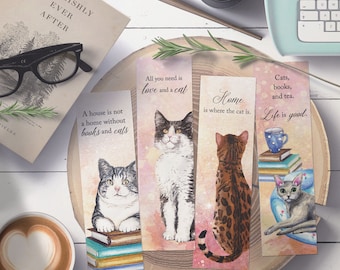 Printable Bookmarks, Watercolour Cat Bookmark, Cat Lover Bookmarks, Cat Lady Gift, Books and Cats, Cats and Tea Art, Bookishly Ever After