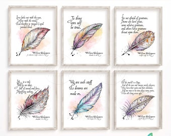 Shakespeare Quills and Quotes Bundle, Set of 6 Classic Literature Art Prints, English Classroom Decor, Library Posters, Instant Download