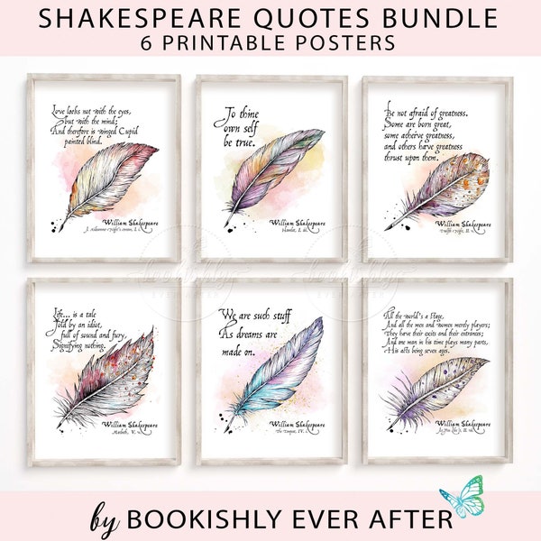 Shakespeare Quills and Quotes Bundle, Set of 6 Classic Literature Art Prints, English Classroom Decor, Library Posters, Instant Download