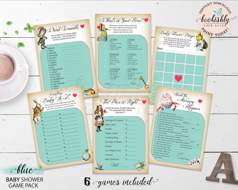 Games Bundle Boy What/'s In Your Purse Alice in Wonderland BABY Shower Games Printable BLUE Games Package Price is Right Baby Bingo